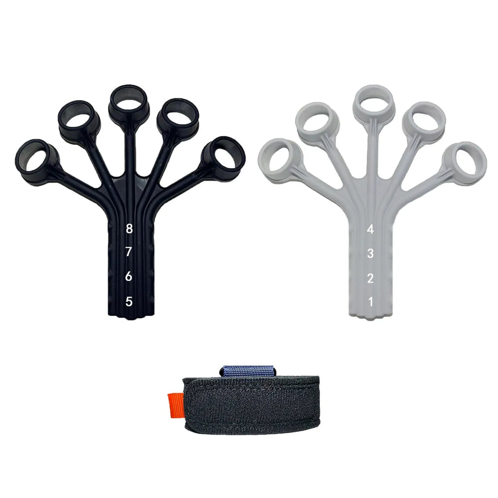Black and grey silicone finger flexion extension trainer with adjusting belt