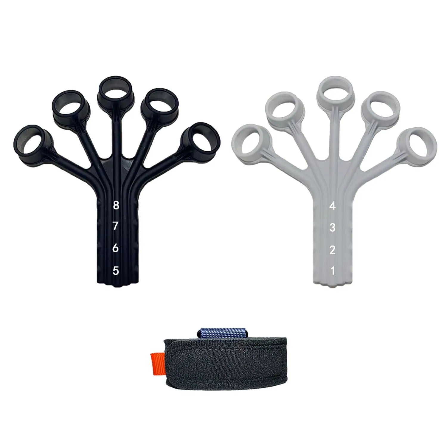 Black and grey silicone finger flexion extension trainer with adjusting belt