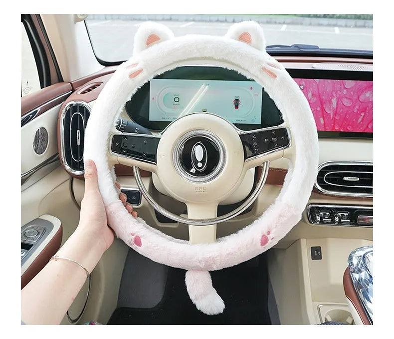 38cm plush thermal car steering wheel cover with embroidered cartoon animal designs