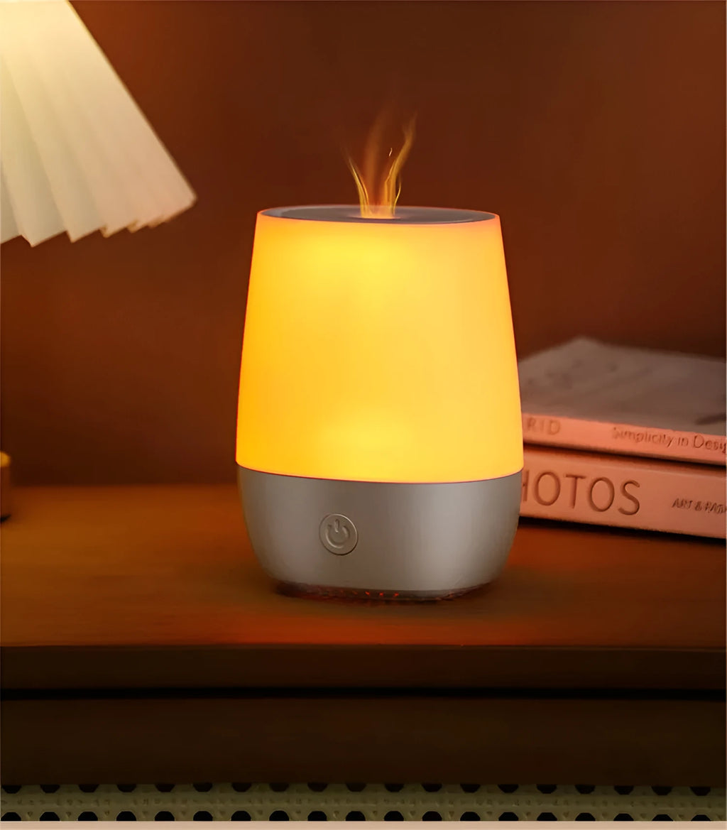 White USB aroma diffuser with flame simulation effect showing dimensions and Type-C charging port
