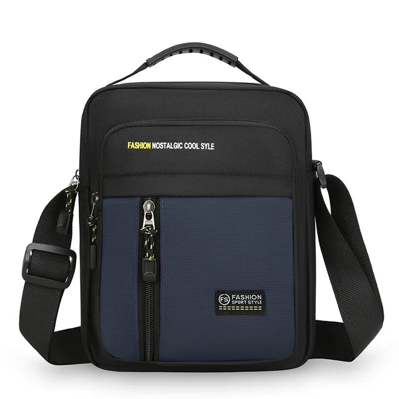 Men's casual nylon crossbody messenger bag in green, shown from the front with sewing thread detail.