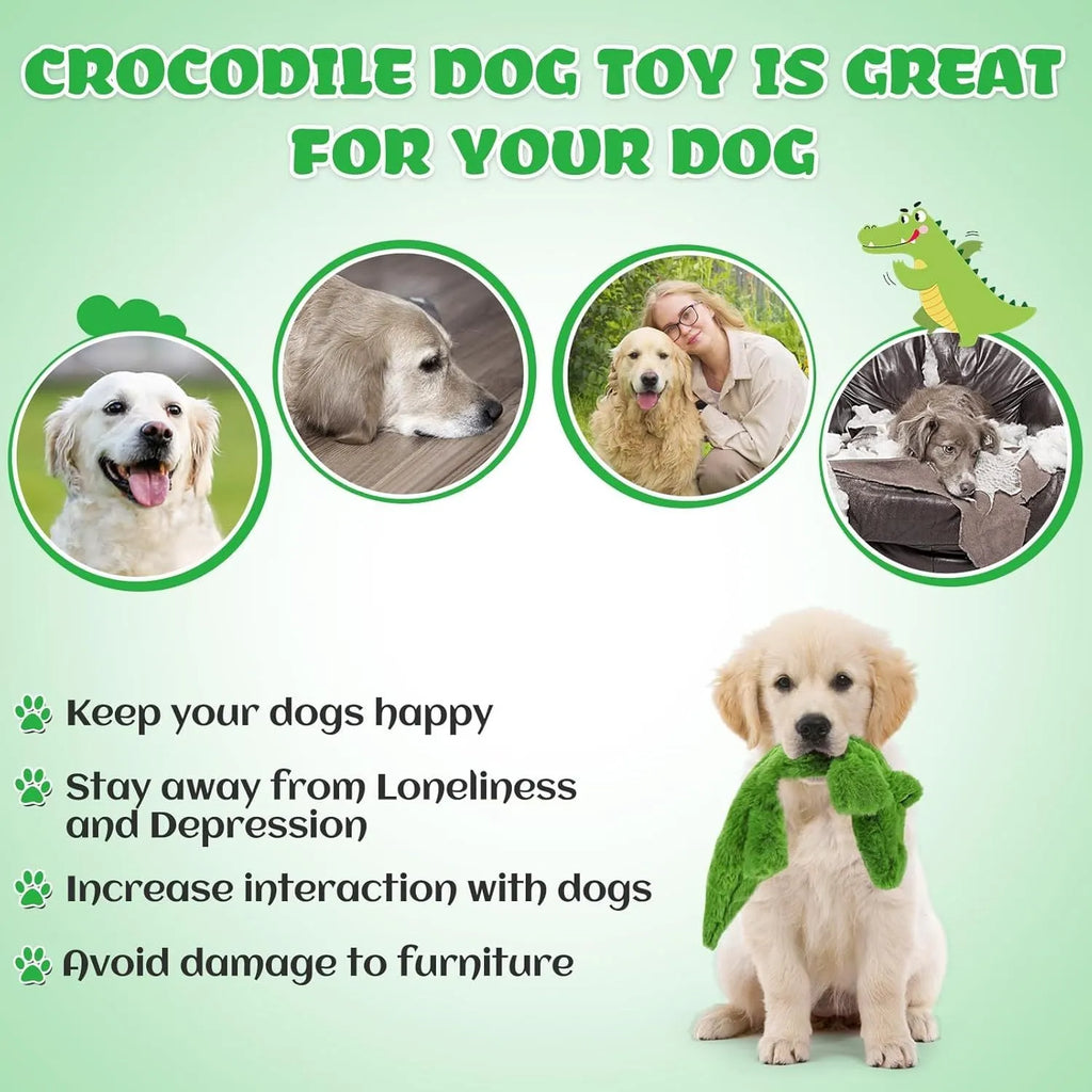 Green crocodile plush dog toy with no stuffing for aggressive chewers