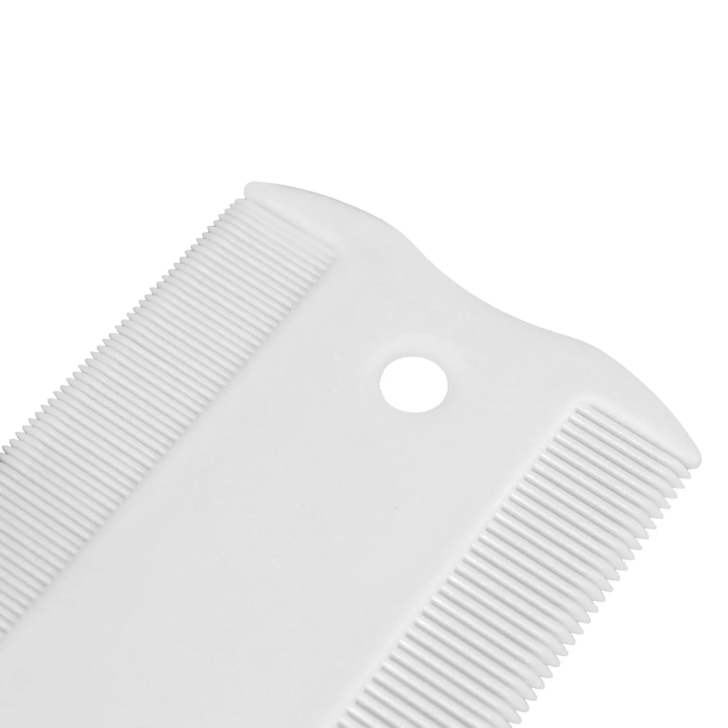 A small white plastic double-sided flea comb for pets, showing both the fine tooth side and the grate mouth side.