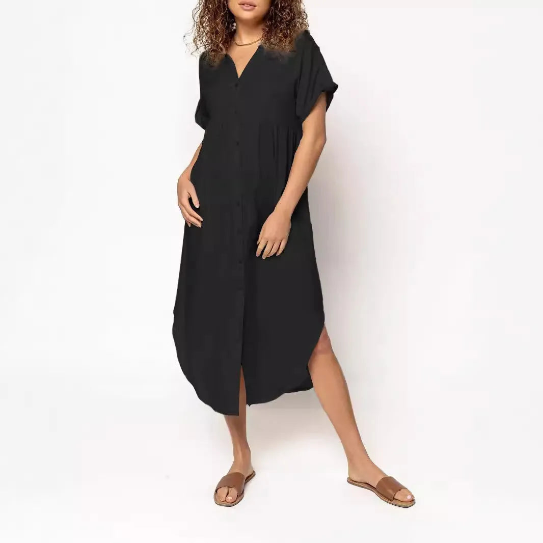 Loose temperament mid-length casual dress with button detailing in polyester fabric