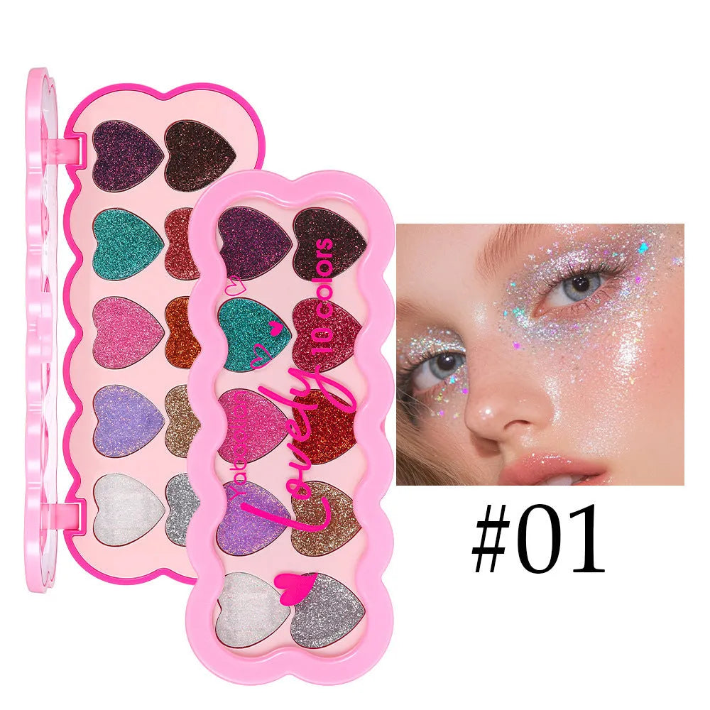 Ten-colour pearlescent heart sequin eyeshadow palette showing multiple shades