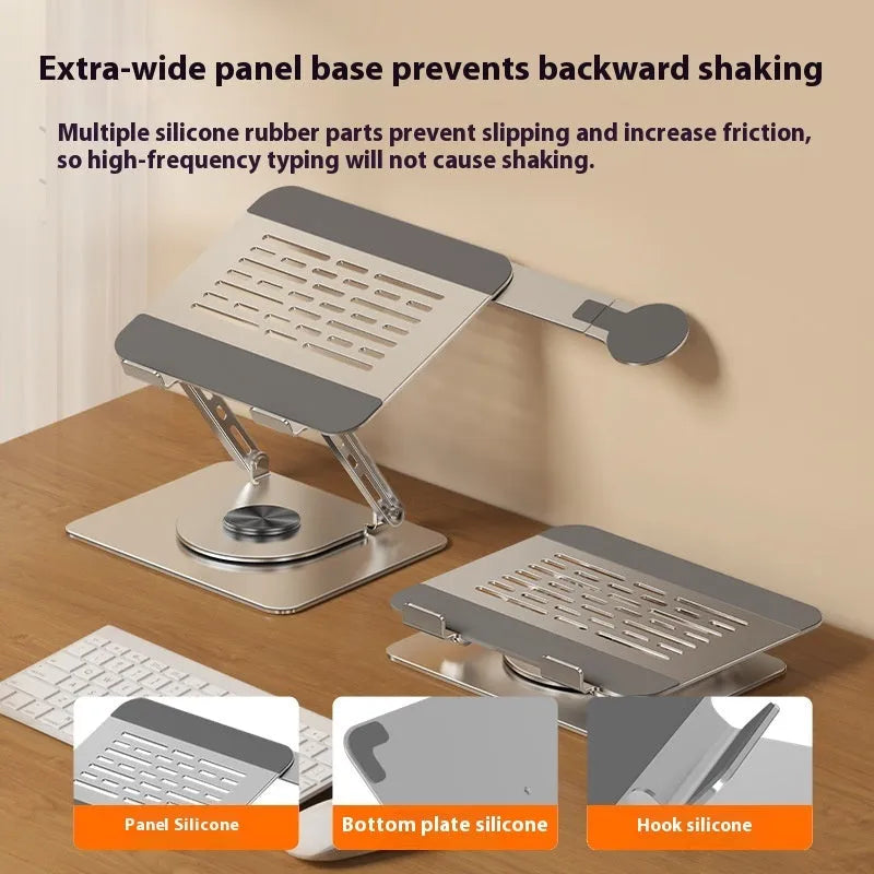 Silver carbon steel laptop stand with rotating base and integrated magnetic side phone holder.