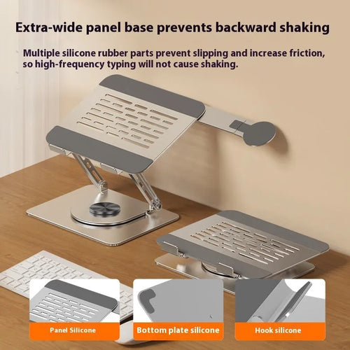Silver carbon steel laptop stand with rotating base and integrated magnetic side phone holder.