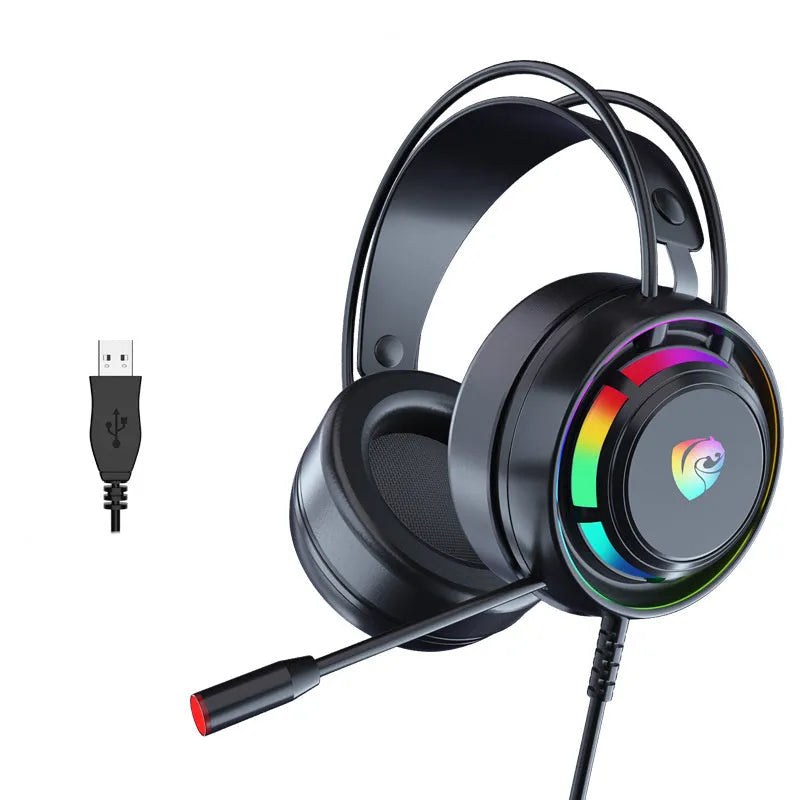 Black over-ear computer headphones with microphone, showing 3.5mm and USB plug options on a 2.2 metre cable.