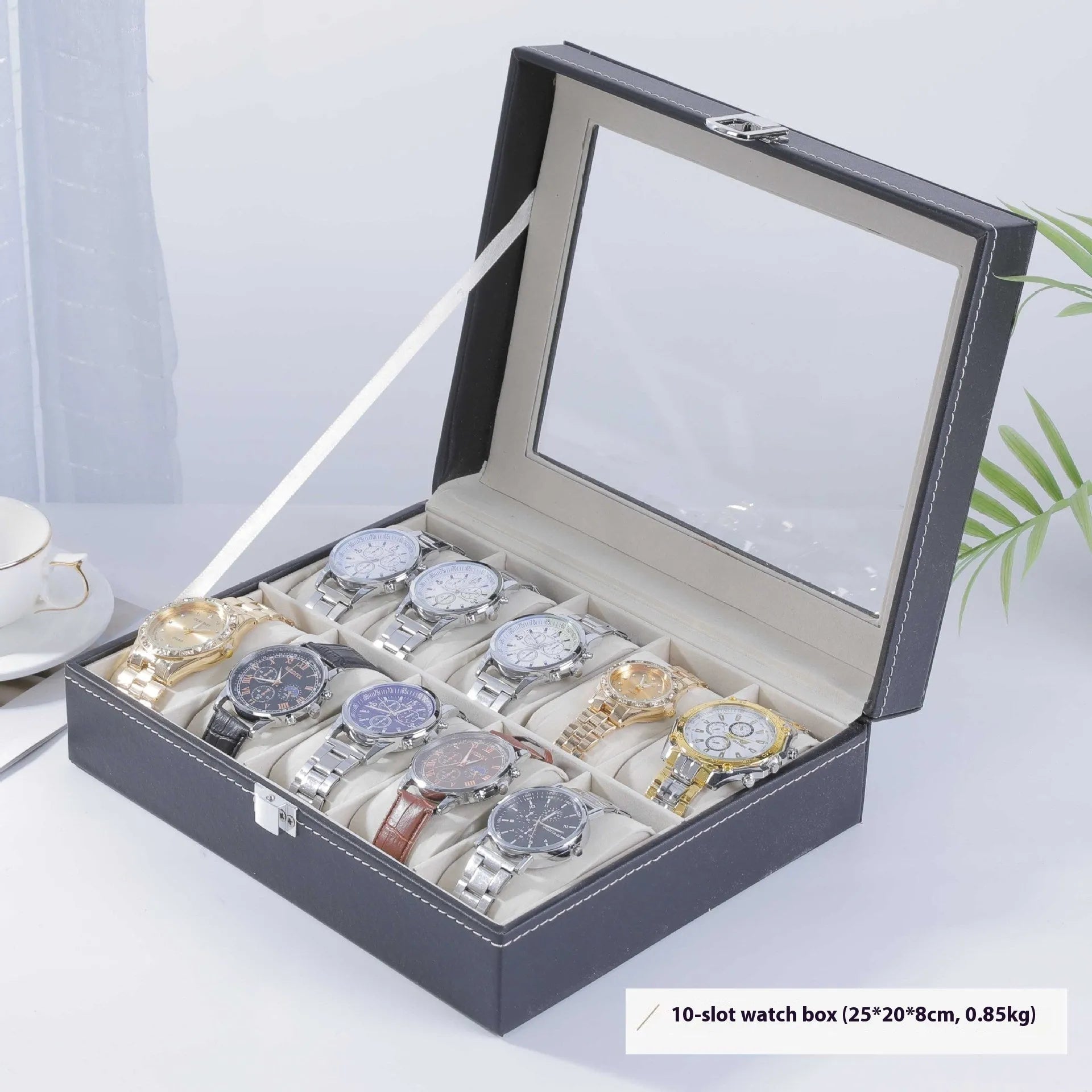 Grey high-grade leather watch storage box with dustproof see-through lid showing multiple watch compartments