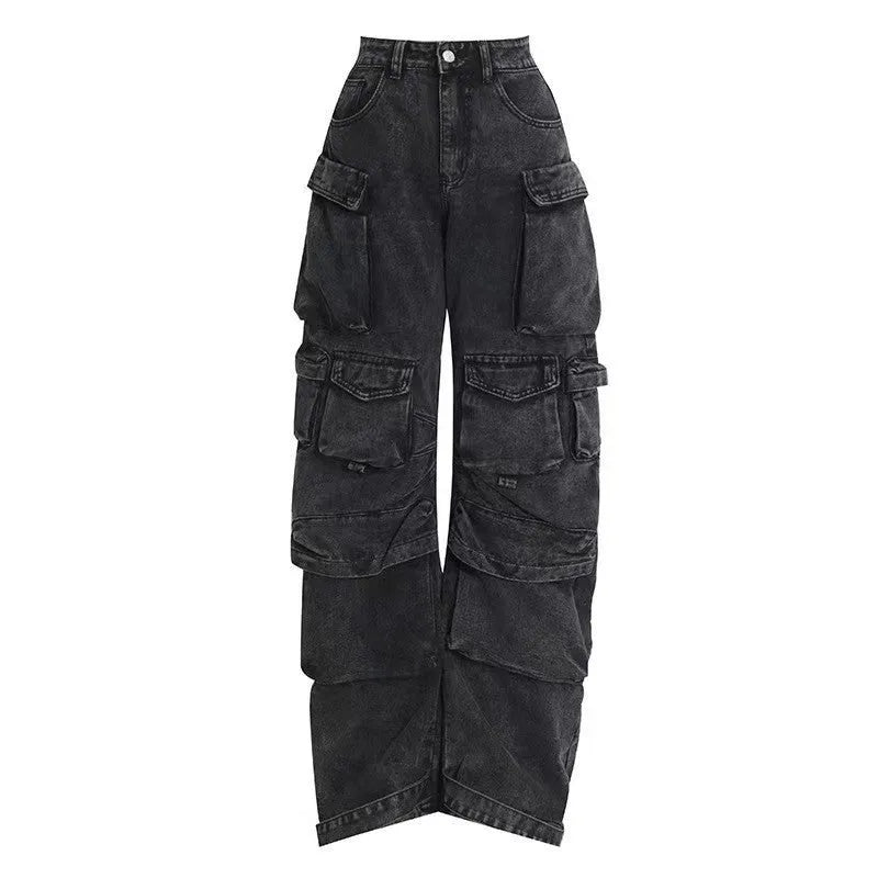 Women's high waist wide leg jeans in tie-dyed denim with multi-pocket street hipster styling
