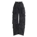 Women's high waist wide leg jeans in tie-dyed denim with multi-pocket street hipster styling