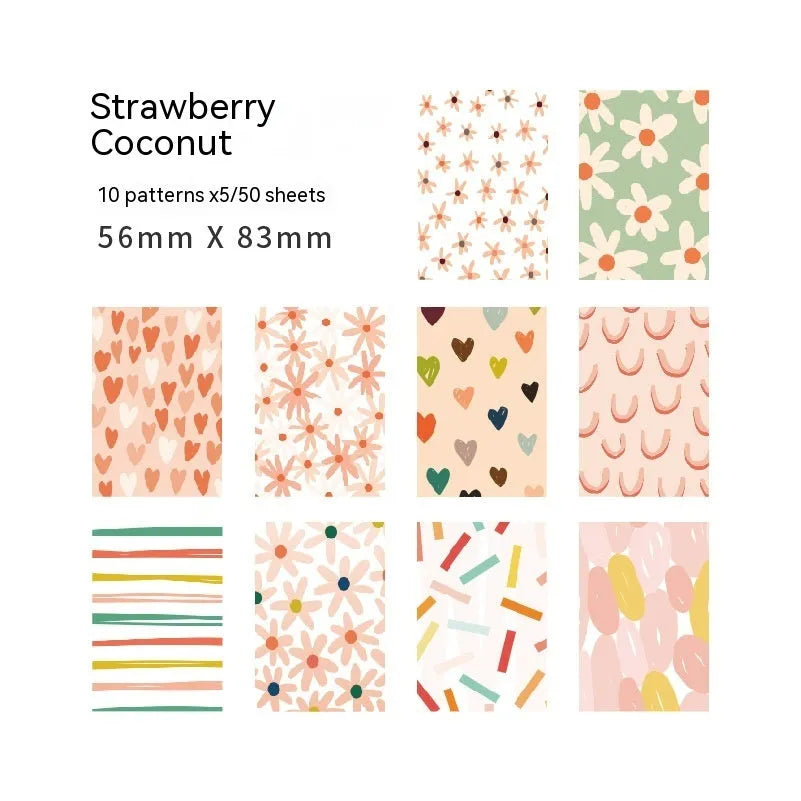 Pack of 50 retro dessert-themed collage note papers in ten colours including caramel puff and blueberry wood sauce.
