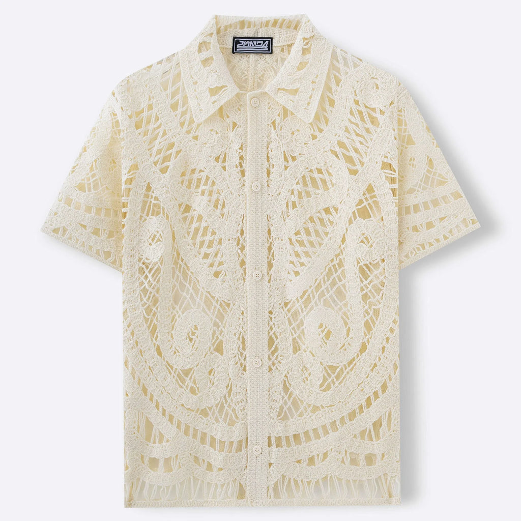 Men's hollow sweater short sleeved crochet cardigan polo shirt in apricot acrylic knit on a hanger front view