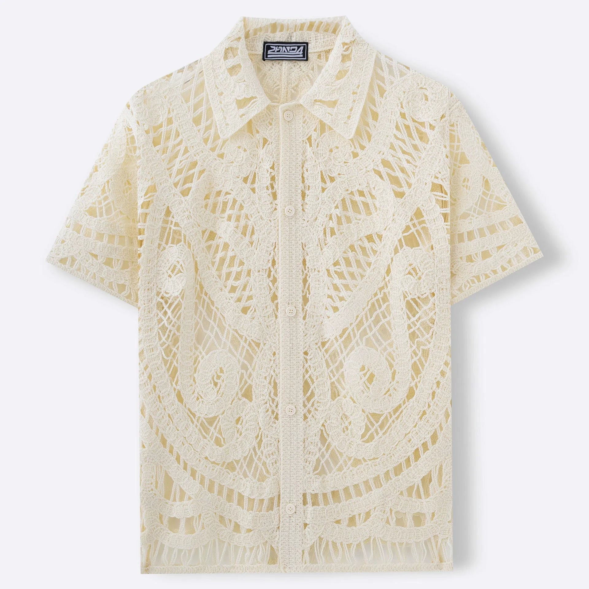 Men's hollow sweater short sleeved crochet cardigan polo shirt in apricot acrylic knit on a hanger front view