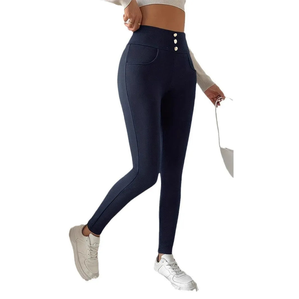 Women's navy blue high waist slim trousers with straight leg cut and micro elastic polyester fabric