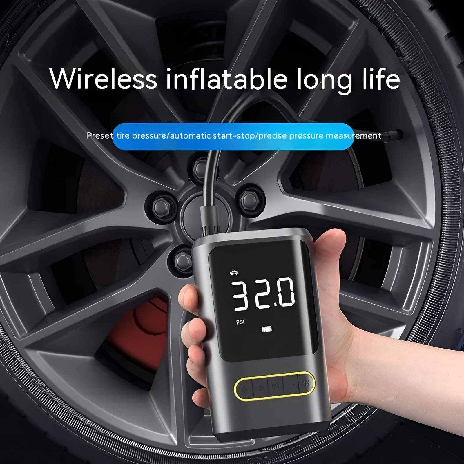 Handheld wireless digital display air pump with LED light and digital screen for car and bicycle tyres