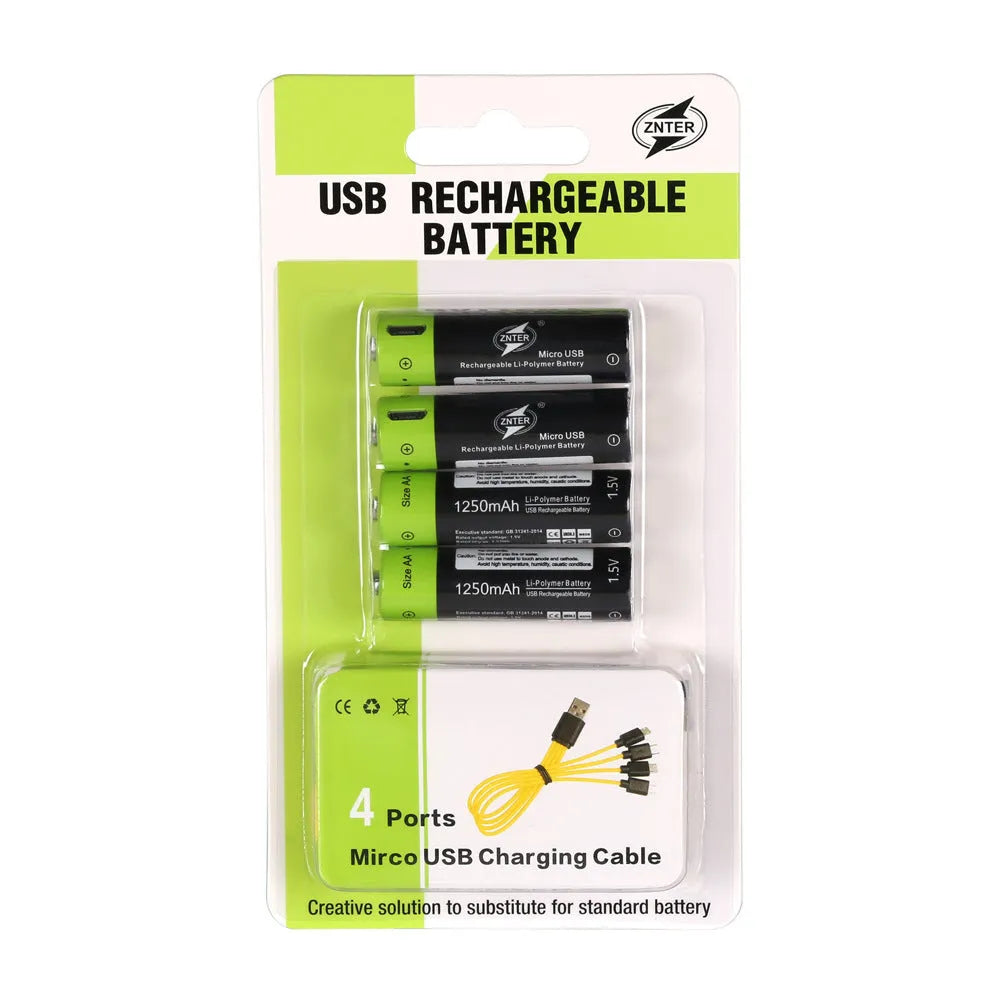 Green USB rechargeable lithium battery 1.5V AA AAA 1250mAh with fireproof ABS shell and charging cable