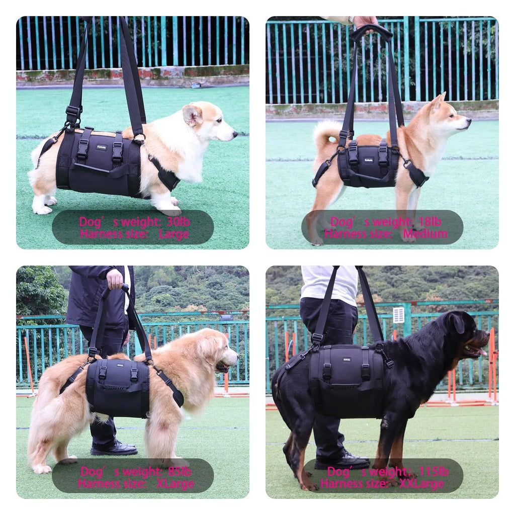 Black Oxford cloth adjustable dog harness for chest support, shown in multiple sizes.