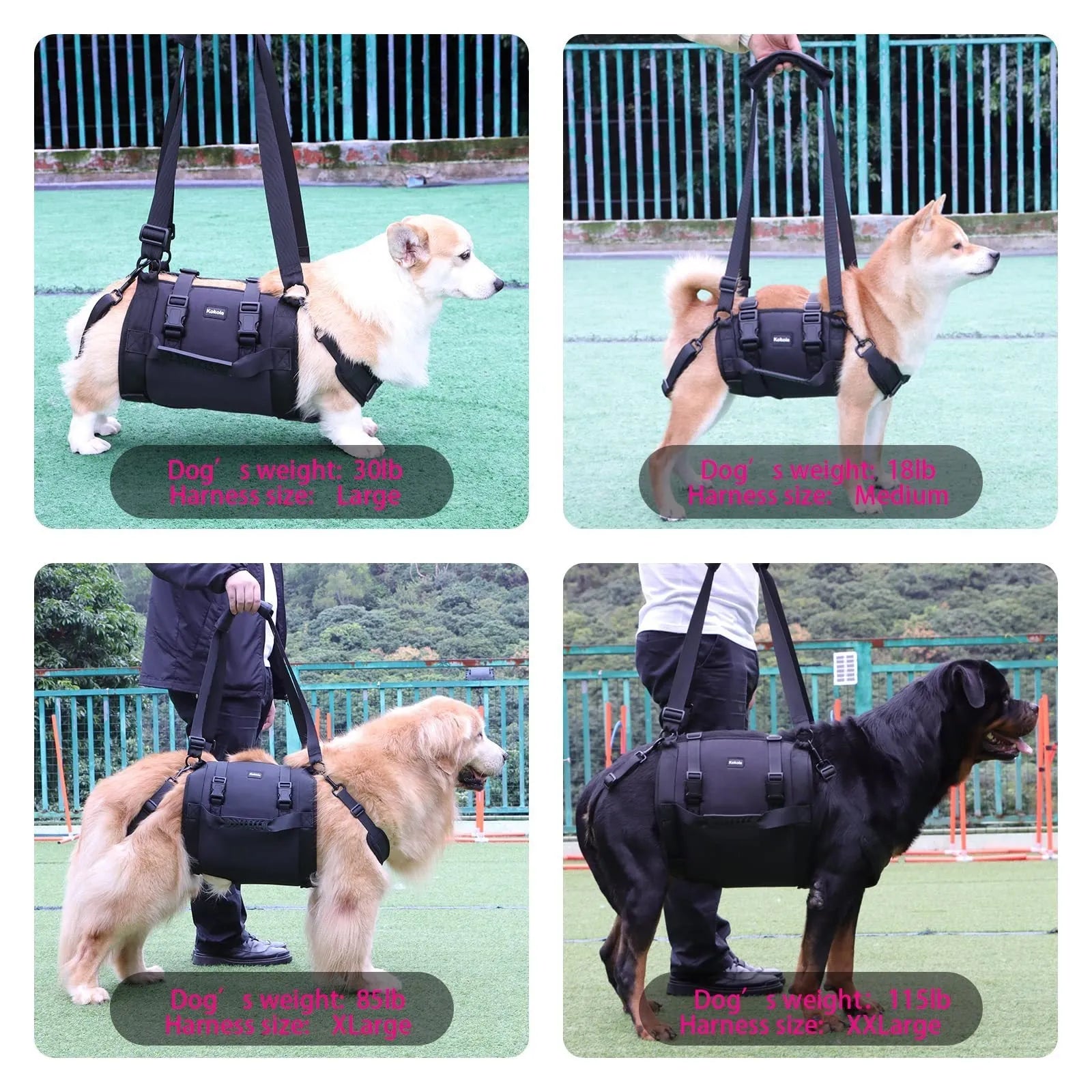 Black Oxford cloth adjustable dog harness for chest support, shown in multiple sizes.