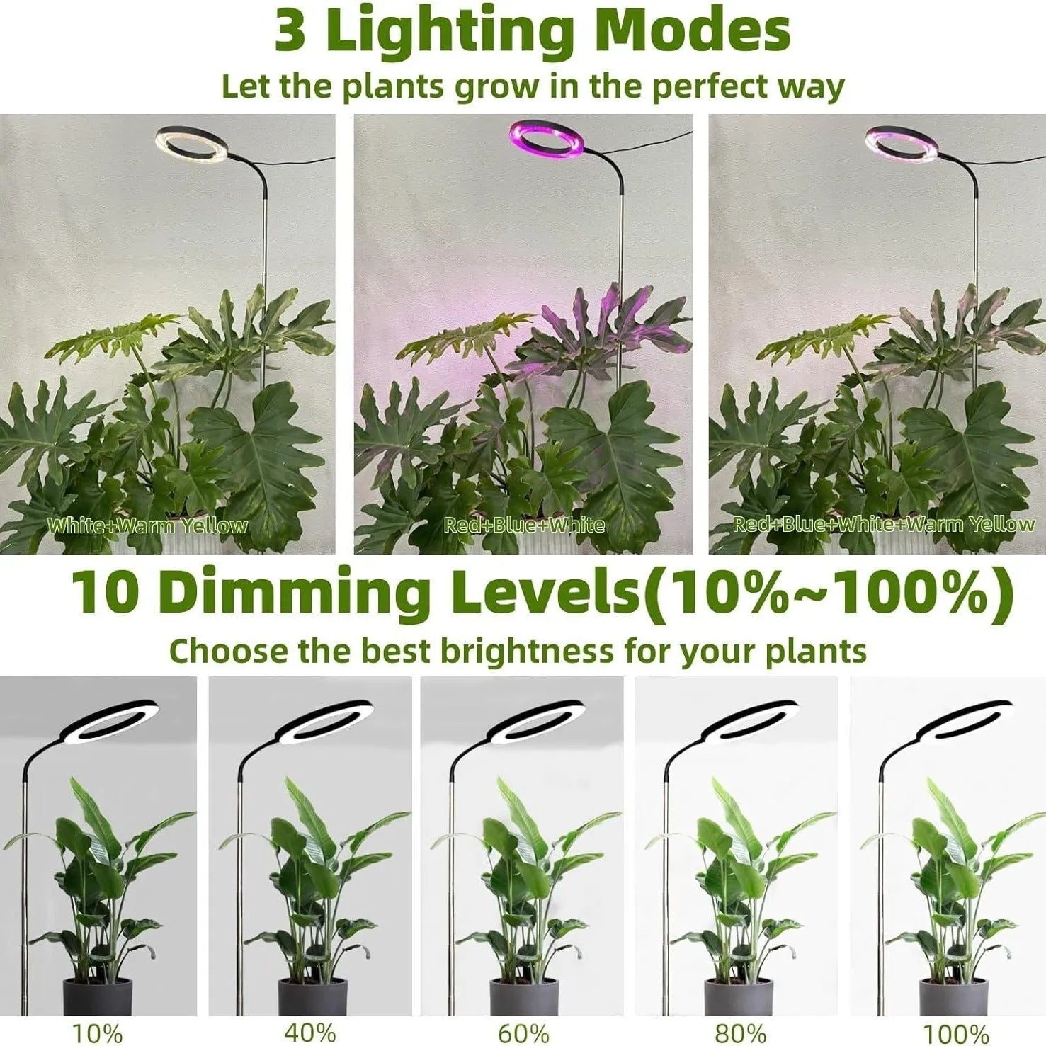 Base dual-purpose floor plant growth lamp with white aluminium housing, telescopic rod, and full spectrum LED beads for indoor plants