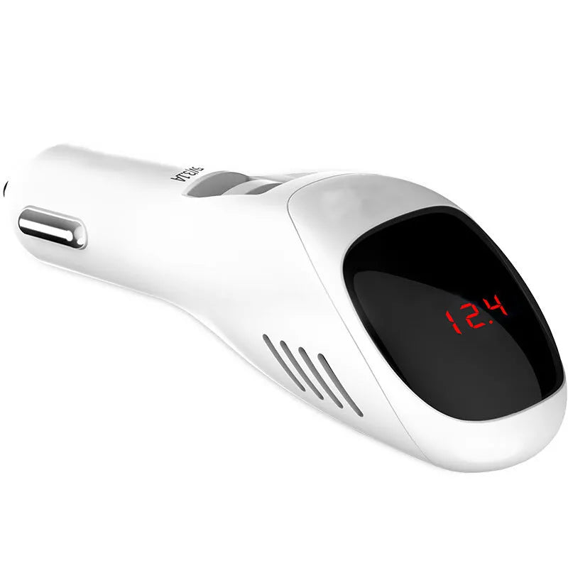 White car USB charger with negative ion air purifier measuring 103mm with dual charging ports