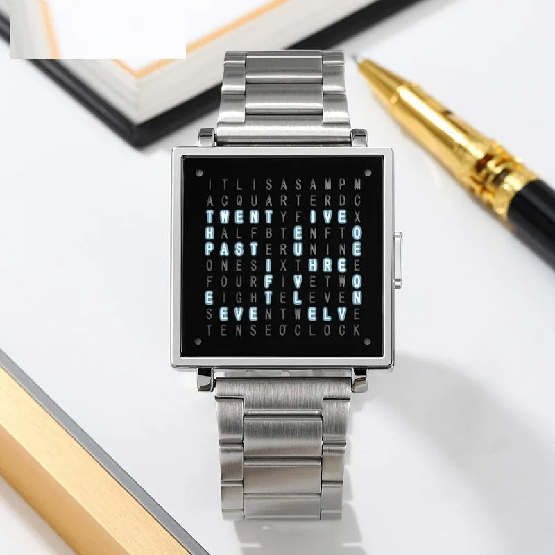 Fashion military digital wristwatch for men women with waterproof LED light and steel belt, black belt option shown