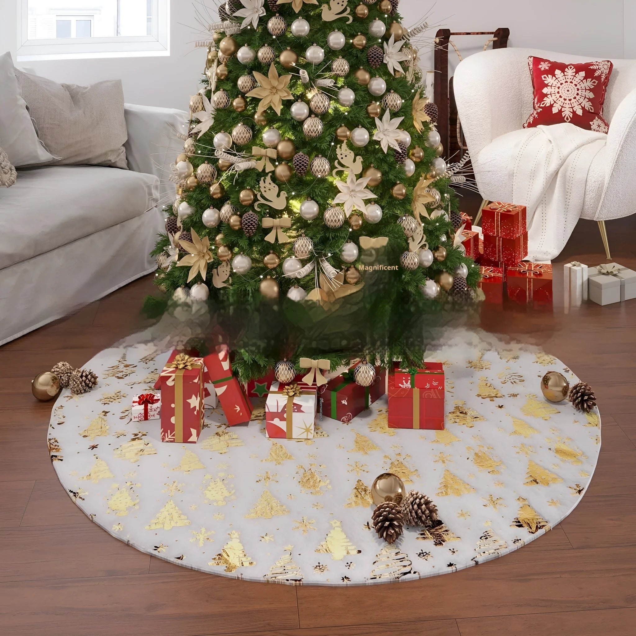 Plush red and green Christmas tree floor mat with snowflake design on a wooden floor.