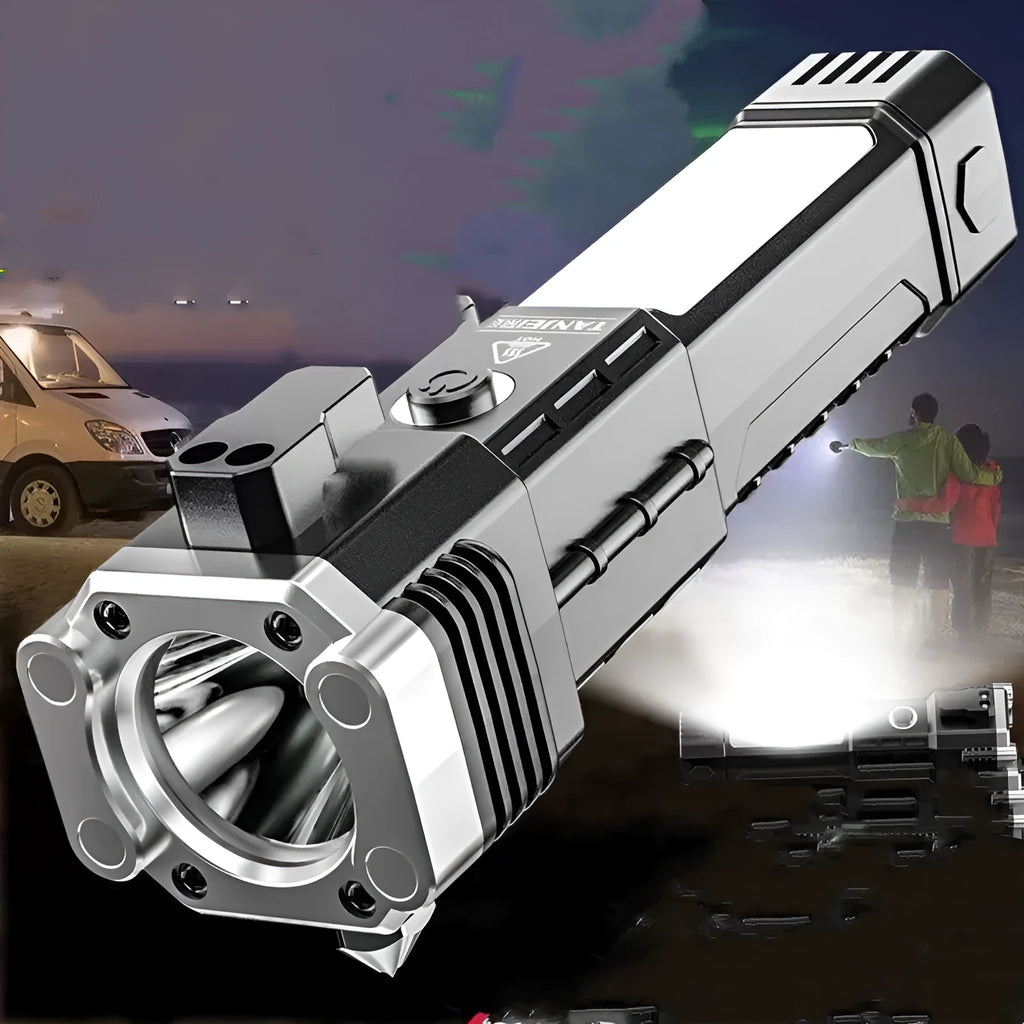 Silver portable LED flashlight with USB power bank function for outdoor and emergency use.