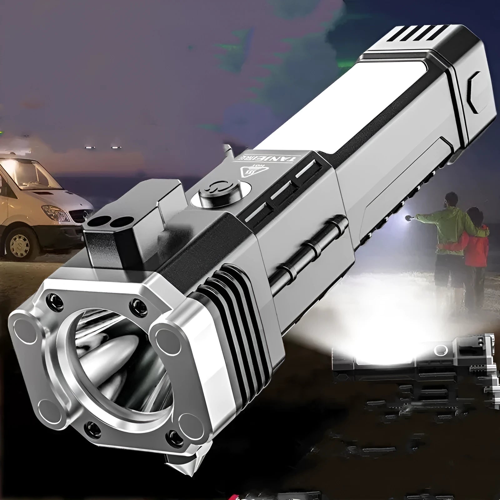 Silver portable LED flashlight with USB power bank function for outdoor and emergency use.