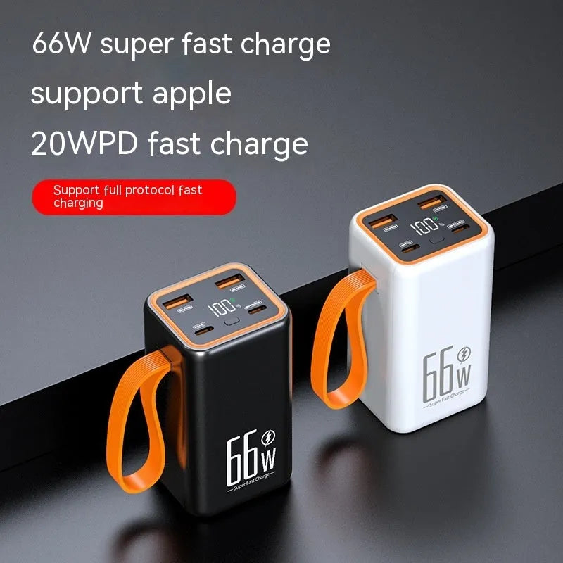 Black and white PD66W fast-charge 20000mAh portable power bank showing compact size.