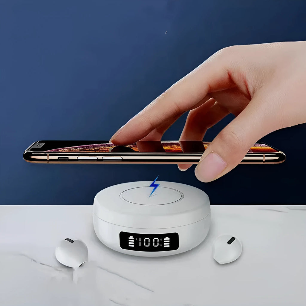 Mini semi-in-ear wireless headphones with wireless charging case in black, colour or white