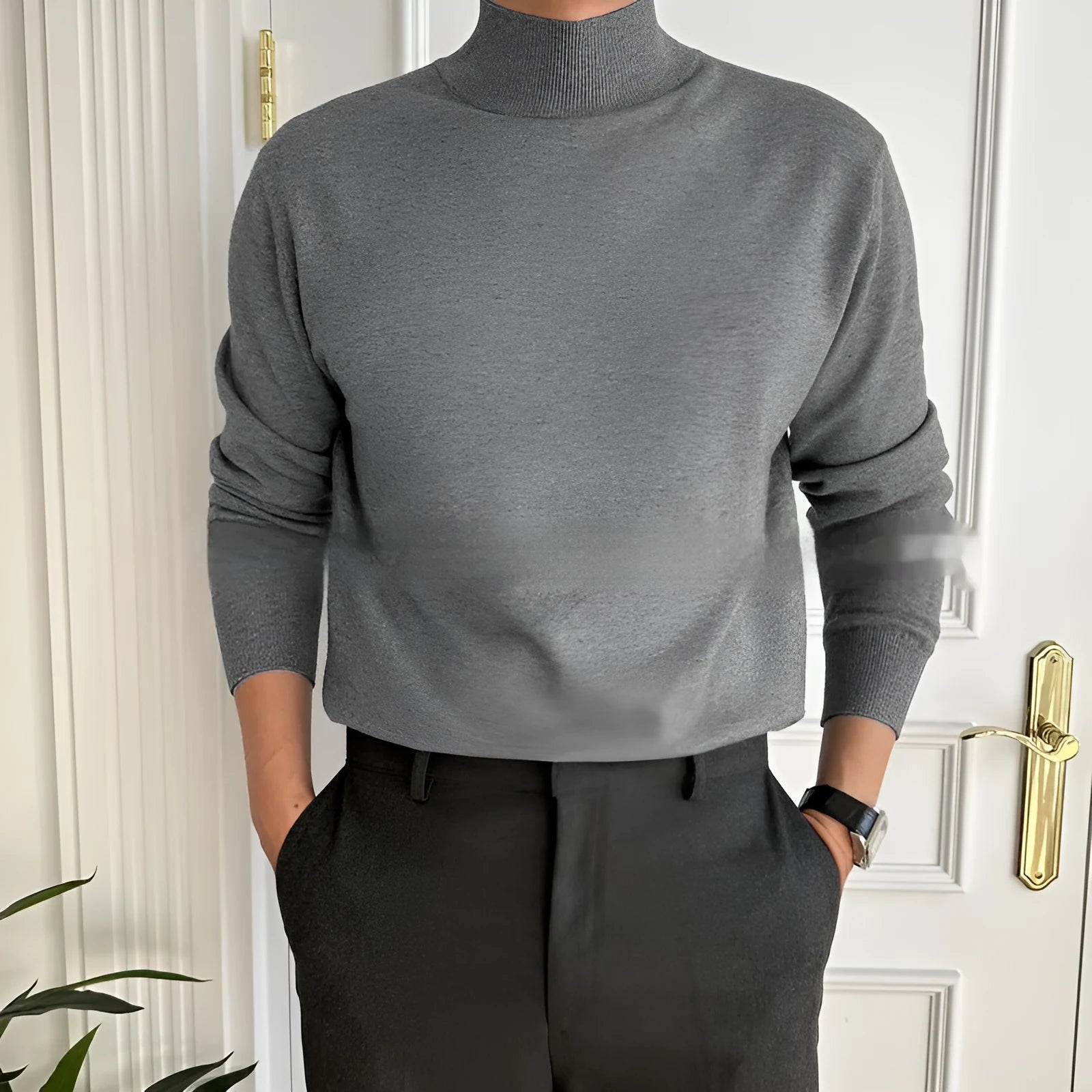 Men's business pullover mock neck sweater in acrylic, long sleeve, available in multiple colours including gray and khaki