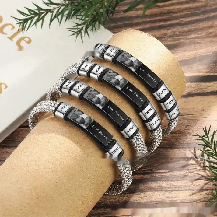 Men's stainless steel lettering bracelet with heart-shaped beads on leather rope band
