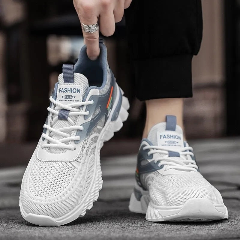 Men's white blue platform casual sports shoes with mesh upper and cross shoulder straps