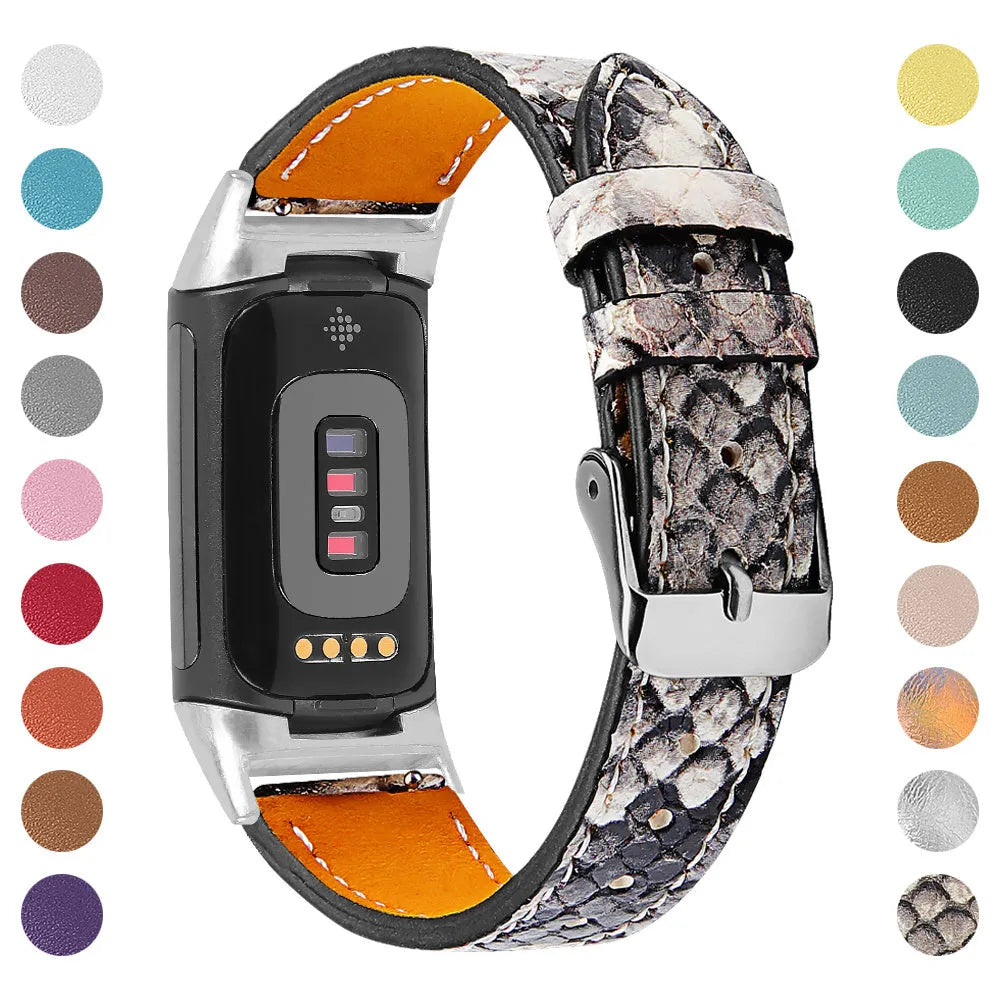 Genuine cowhide leather replacement watch strap for Fitbit Charge 5 and Charge 6 smartwatches.