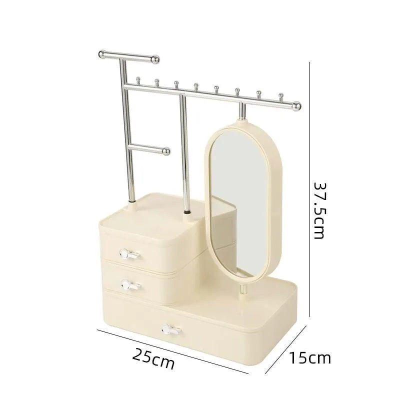 Light luxury cosmetics storage box with mirror in Pearl White, 27x17x18cm plastic desktop organiser