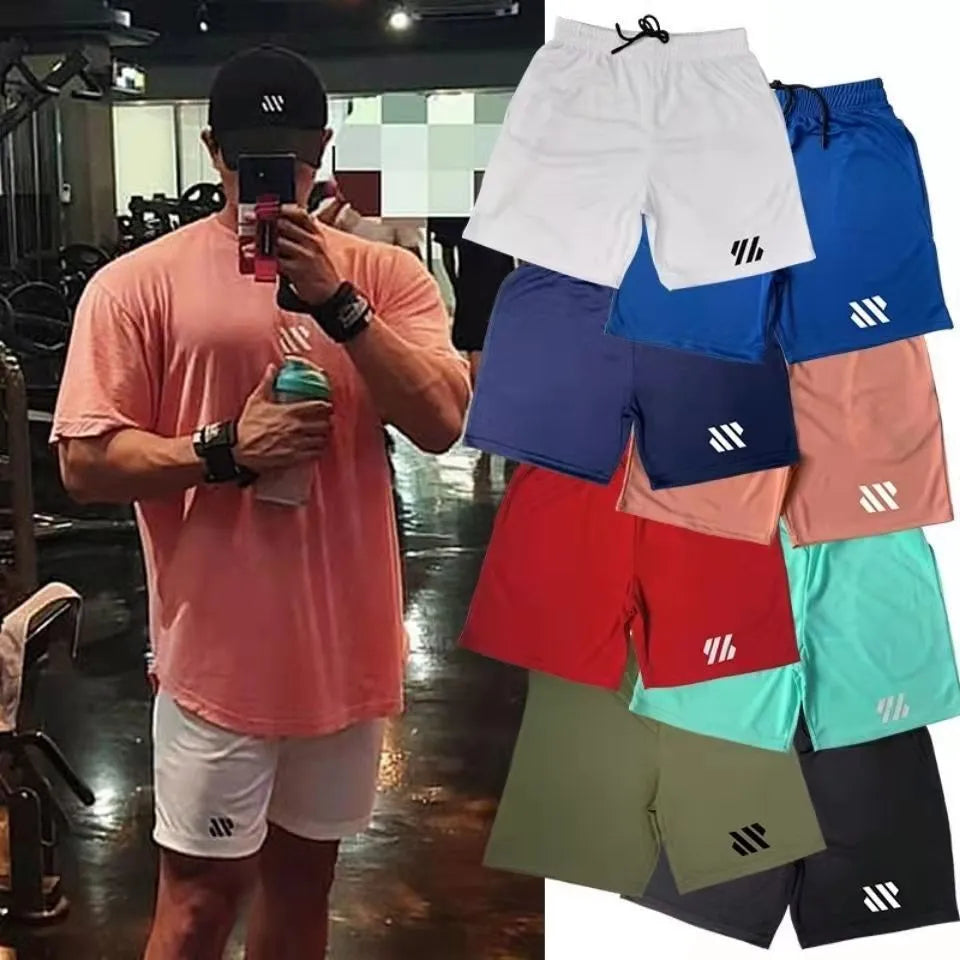 Metal silk fabric sports shorts in loose fit, shown in multiple colours including army green and sapphire blue.