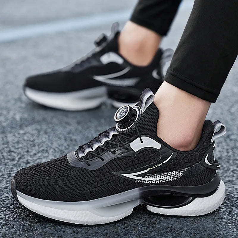 Men's white Korean-style running shoes with rotating button fastening and mesh upper