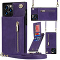 Leather mobile phone case in solid colour options including black, purple, and rose gold.