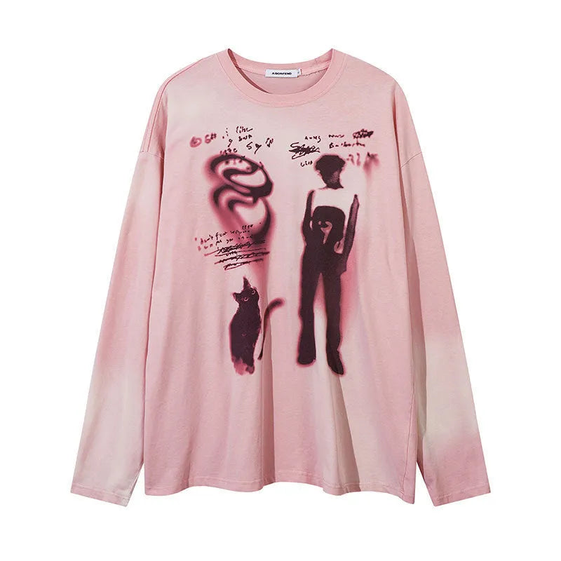 Women's loose dark grey cotton pullover top with letter pattern and long drop-shoulder sleeves