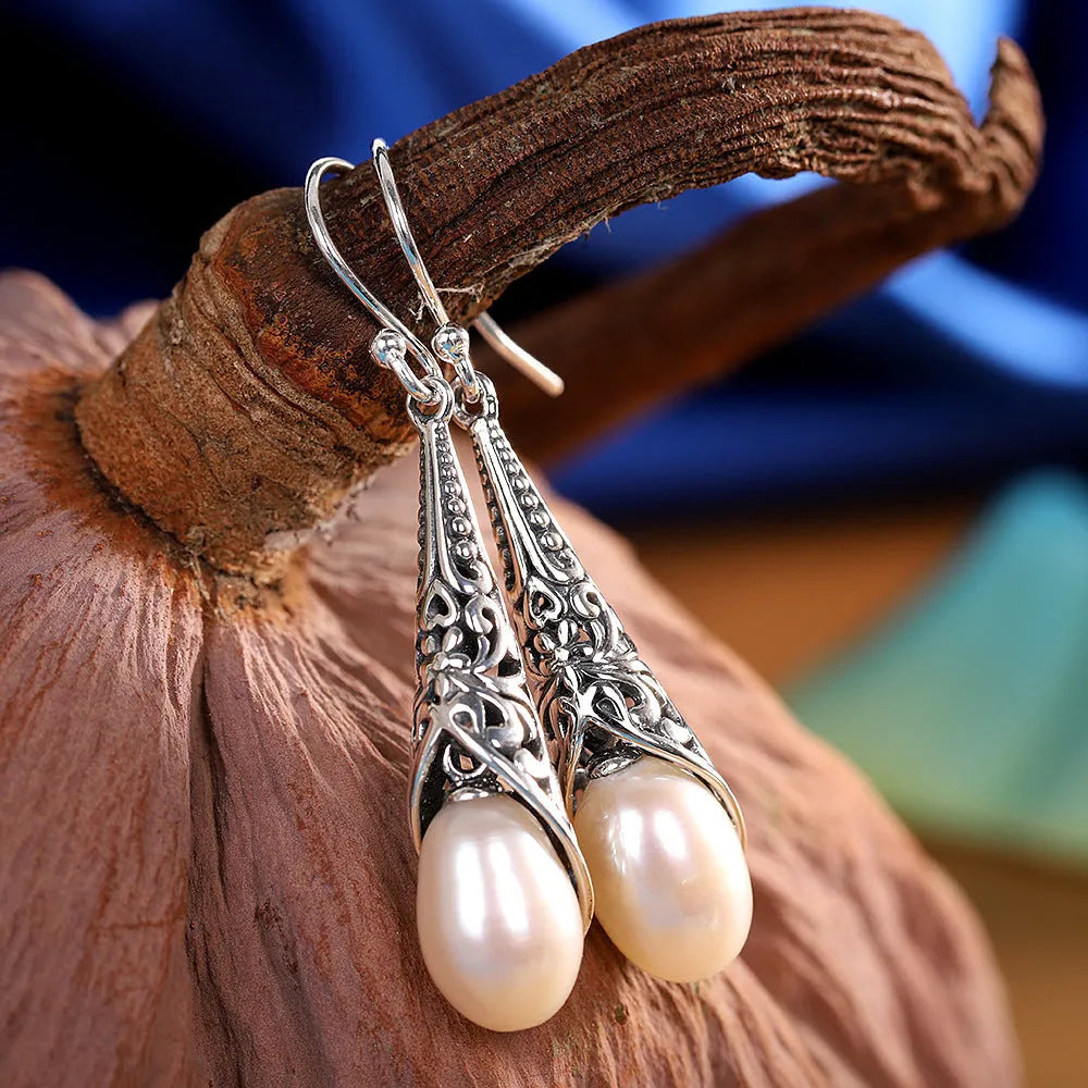 S925 silver inlaid Baroque long pearl earrings teardrop shape women's earrings