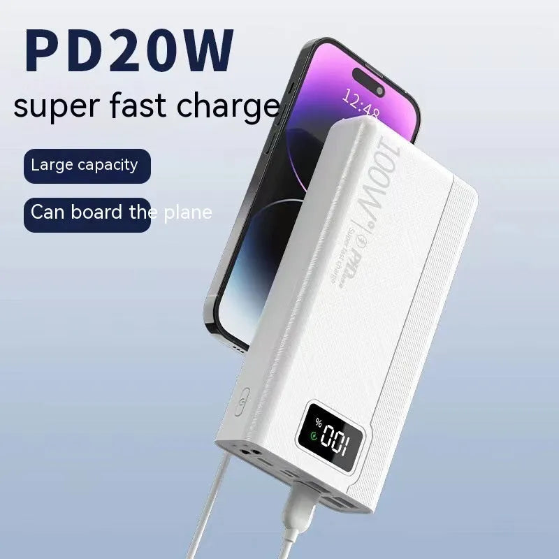 Black and white plastic power bank showing dimensions of 150 by 76 millimetres