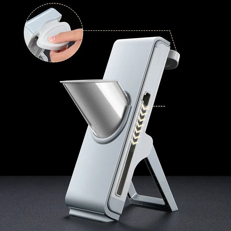 Hand-crank vegetable cutting press grater slicer with three blades and fresh container in simple grey