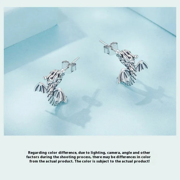 Handmade 925 silver oxidised retro dragon stud earrings for women, 13x13mm, colour SCE1734