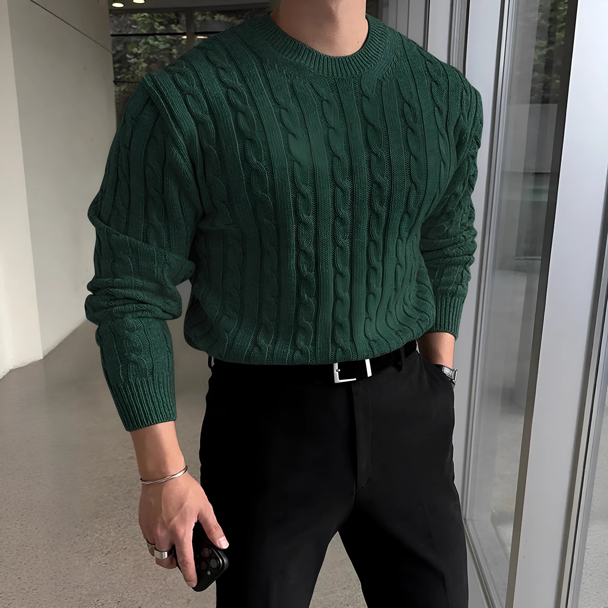 Men's thick knit turtleneck sweater in dark blue, polyester fibre pullover for autumn and winter casual wear