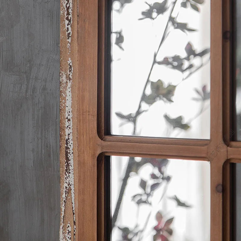 Terrace distressed fake window wall mirror with log colour finish and wooden glass construction