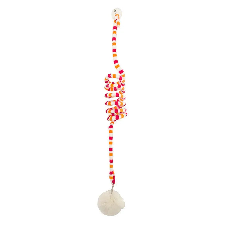 Hanging cat toy with long spring, inflatable ball, bell, and suction cup in various colours