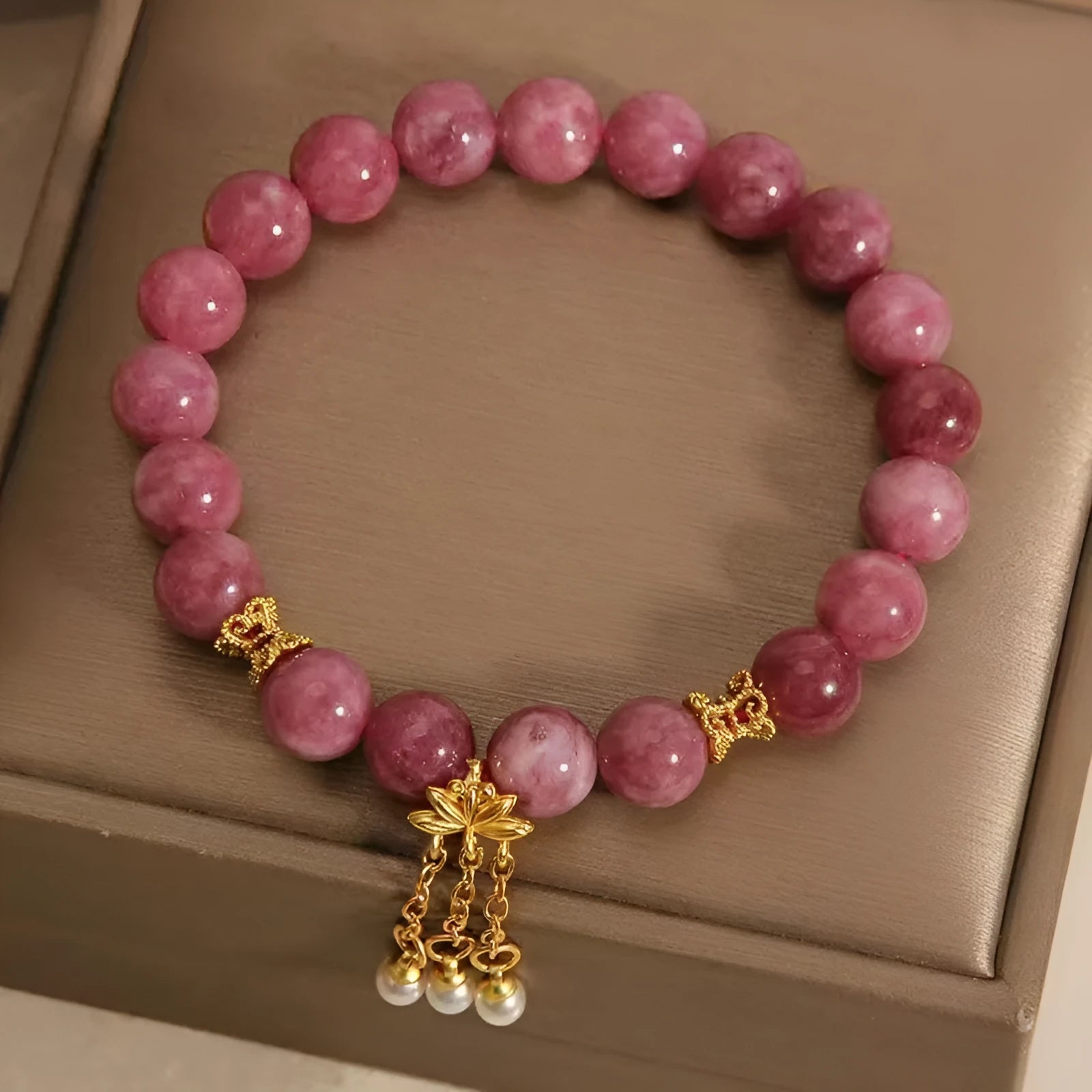 Natural stone women's bracelet with pink lotus tassel and pearl pendant beads in new Chinese style