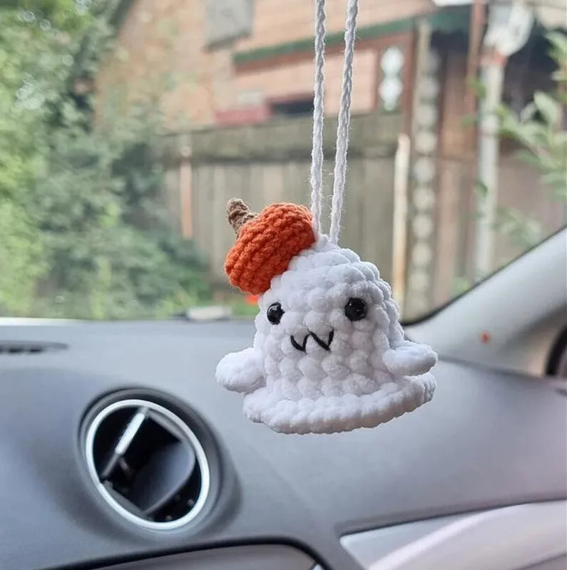 Plush hand-woven polyester automobile hanging ornament with cartoon style design on car dashboard