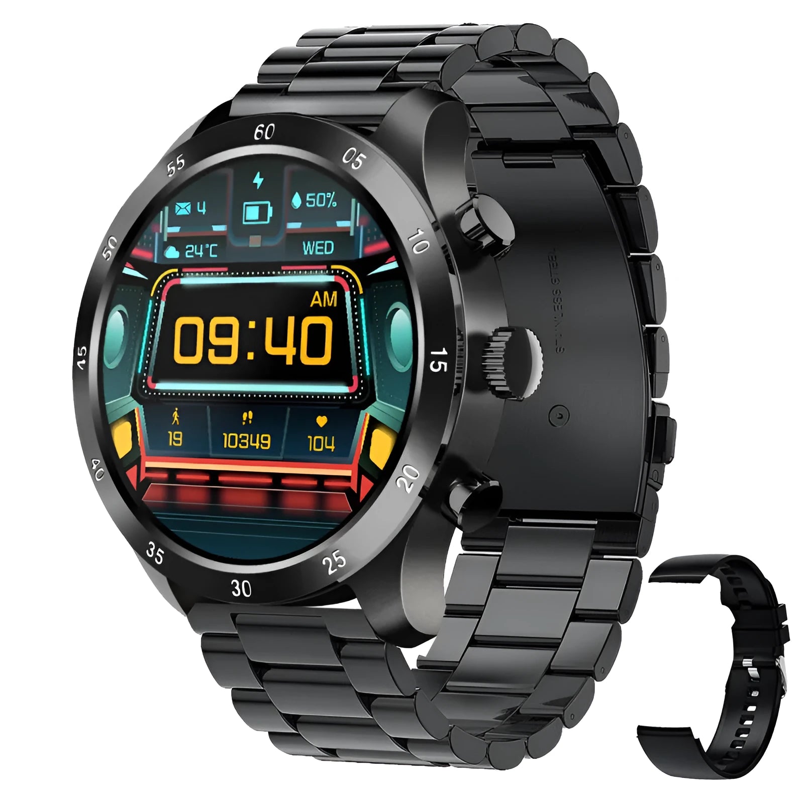Black smart watch with steel bracelet showing heart rate monitoring and call display on screen.